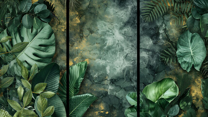 Fototapeta premium 3-section wall painting prepared for room decoration, usable design for marble design. Examples of paintings for architectural interior design. Plants pattern.