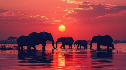 Fototapeta na wymiar Elephant walking in the water at sunset. Elephant background. african wildlife. safari adventure