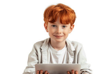 Redhead Boy with Laptop on Transparent Background