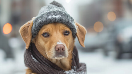 Süßer Mischlingshund mit Strickmütze im Schnee  schaut in die Kamera für Poster im Querformat, ai generativ - obrazy, fototapety, plakaty