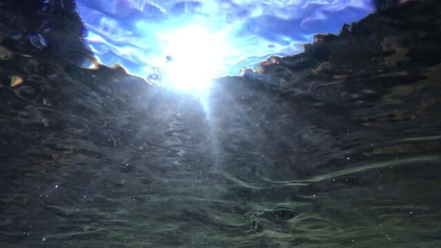 Unterwasservideo von einem Bach mit Steinen und Sonnenstrahlen im fließenden Wasser
