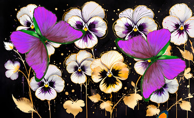 purple tropical morpho butterflies on a pansies painted with watercolors. delicate flowers for design	 - 786477083