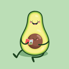 Cute cartoon character Avocado reading a book to the baby seed. Flat style. Vector illustration