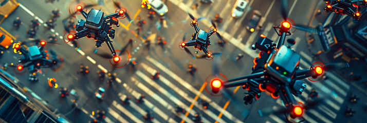 overhead view of autonomous drones and robots, science and technology in action, realistic photography, copy space