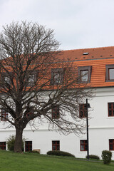 Old building with red roof and bare trees on a cloudy day.