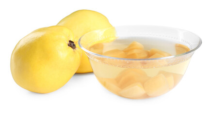 Naklejka na ściany i meble Delicious quince drink in glass bowl and fresh fruits isolated on white