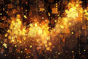 Bring to life a pixel art representation of an abstract golden theme, showcasing the burst of gold chunks and flakes in a stylistic and visually appealing manner