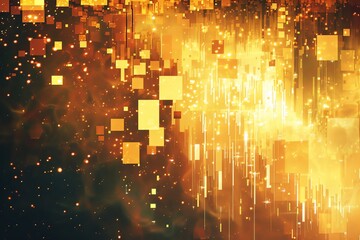Bring to life a pixel art representation of an abstract golden theme, showcasing the burst of gold chunks and flakes in a stylistic and visually appealing manner