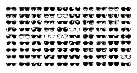 Sunglasses black ink sketch vector set. Men women sun goggles fashionable accessory different models icons isolated on white background