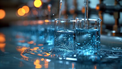 Electric blue liquid is being poured into two drinkware glasses on a table in the city. The event involves drinking water - Powered by Adobe
