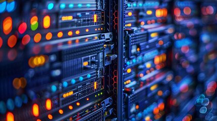 Close-up view of network server racks with blinking LED lights, depicting the activity and data flow in a modern data center.