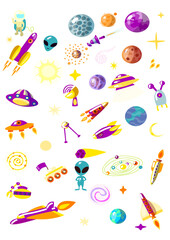 Cartoon space set design elements PNG illustration. Isolated set on white background.