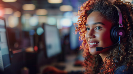 A cheerful young woman wearing a headset is providing customer service in a busy call center environment, with colleagues in the background.