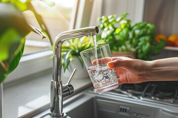A person filling a glass of water from a kitchen faucet