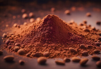 Close-up of a mound of cocoa powder surrounded by whole cocoa beans on a dark background,...