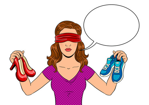 blindfolded woman holding shoes, pop art style clip art preview