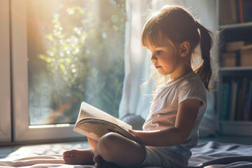 Young girl engrossed in reading a book while sitting on the floor by a sunlit window at home, cozy and peaceful - obrazy, fototapety, plakaty