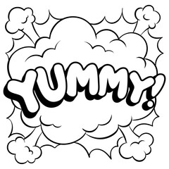 Yummy word coloring PNG illustration. Isolated image on white background. Comic book style imitation.