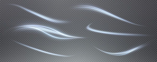 Vector png background with blue glowing lines. Blue glowing lines of speed. Light glow effect. Light trail wave, fire trail line and glow curve swirl.