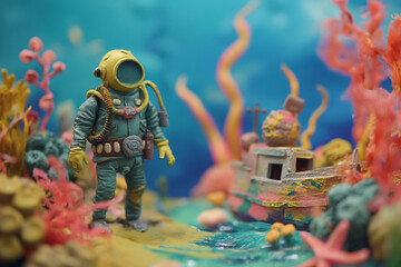 Clay character illustration of a deep-sea diver discovering an ancient shipwreck, surrounded by colorful coral reefs and marine life