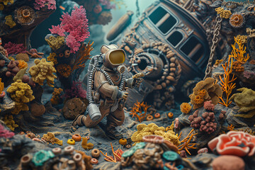 Obraz na płótnie Canvas Clay character illustration of a deep-sea diver discovering an ancient shipwreck, surrounded by colorful coral reefs and marine life