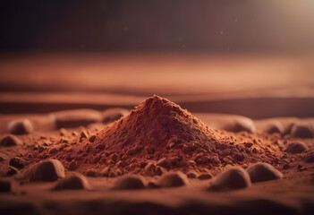 Close-up of rich cocoa powder with chocolate chunks and cocoa beans scattered on a surface, creating a textured and indulgent scene. International Chocolate Day. - obrazy, fototapety, plakaty
