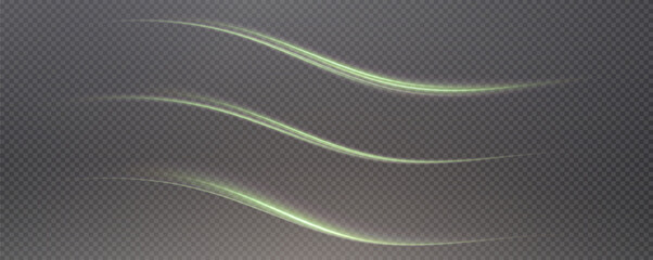 Vector png background with green glowing lines. Green glowing lines of speed. Light glow effect. Light trail wave, fire trail line and glow curve swirl.