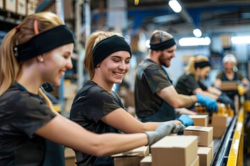 Smiling group of factory workers packaging products