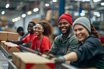 Smiling group of factory workers packaging products