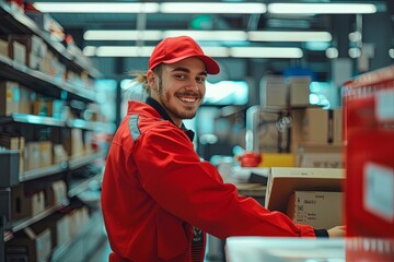 Smiling young postman sorting packages in post office