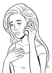 Crying girl with phone coloring PNG illustration. Isolated image on white background. Comic book style imitation.