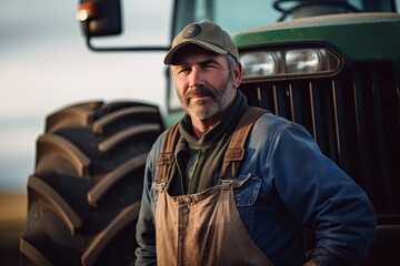 Portrait of a happy male farmer with tractor in the field