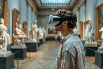 A museum curator wearing a VR headset arranges virtual sculptures and paintings in an empty gallery space, experimenting with different exhibition layouts