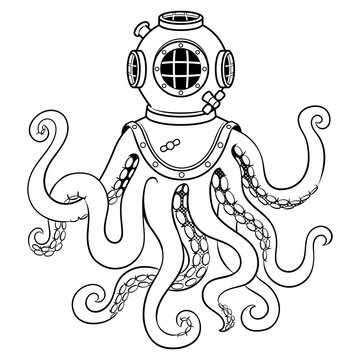 Octopus and old diver helmet coloring PNG illustration. Isolated image on white background. Comic book style imitation.
