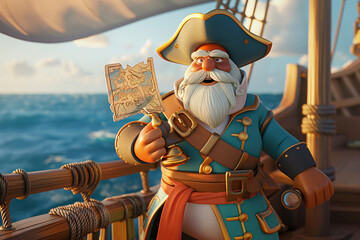 Clay character illustration of a pirate captain standing on the deck of a ship, holding a treasure map and a spyglass, with the ocean in the background