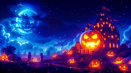 haunted house with pumpkins in a blue foggy forest - obrazy, fototapety, plakaty