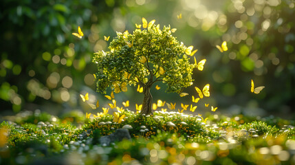 A small tree with yellow leaves surrounded by a swarm of yellow butterflies.