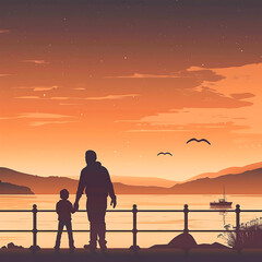 Fototapeta premium A picture of boy walks with his father on father's day