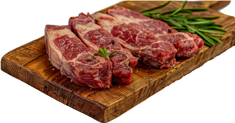 Raw steak cuts with fresh herbs on rustic wooden board