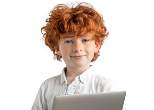 Redhead Child with Laptop on Invisible Background