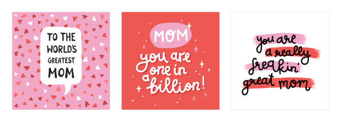 Lovely hand written Mother's Day designs, cute messages, great for cards, invitations, gifts, banners - vector design