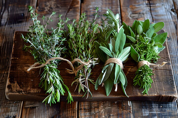 Fresh herbs tied with twine on a rustic woonden board