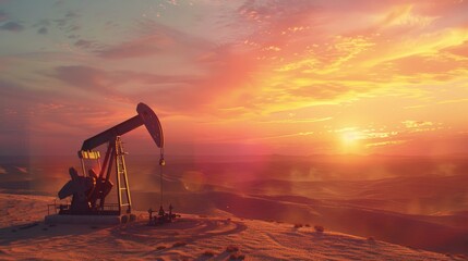 Oil pump in desert at sunset.