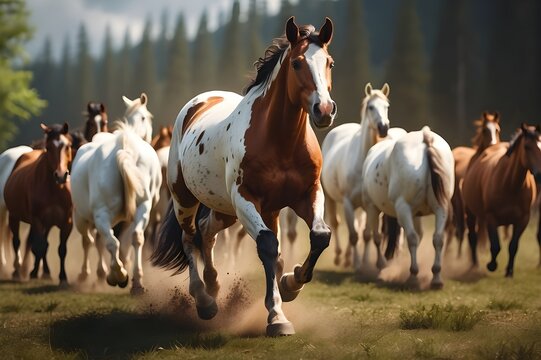 Realistic 8K landscape photo of an American Paint Horse running with herd - generated by artificial intelligence