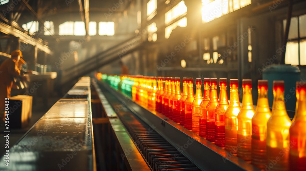 Aufkleber a sequence showing a team of workers at a bottling plant, with the conveyor belt moving colorful bot