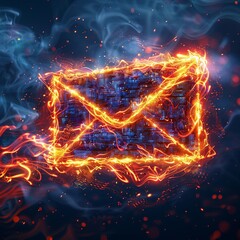 Fototapeta na wymiar The email symbol speeds past a fiery digital backdrop, surrounded by glowing circuits, leaving a dazzling tail of vibrant colors in its wake at a striking low angle.