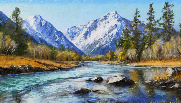 Original oil landscape painting with clear blue river flows and trees on the shore, mountains.