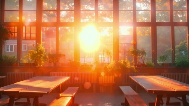 the inside of a room. The sunset light entered the inner school room. lots of study tables