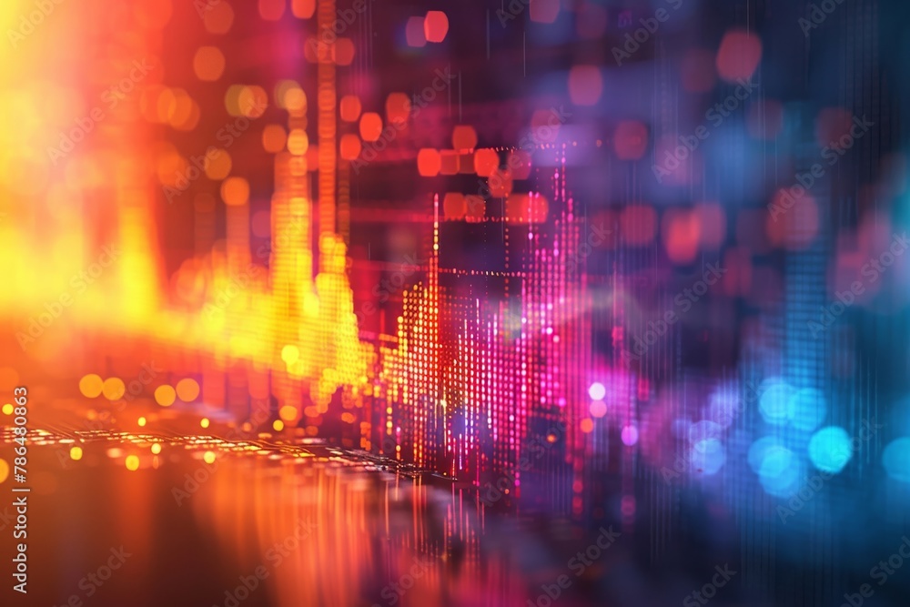 Poster visual representation of financial markets through colorful stock charts and trend analysis plots on