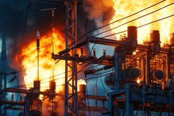 Fire did begin at electric power plant as result of explosion AI Generative - obrazy, fototapety, plakaty